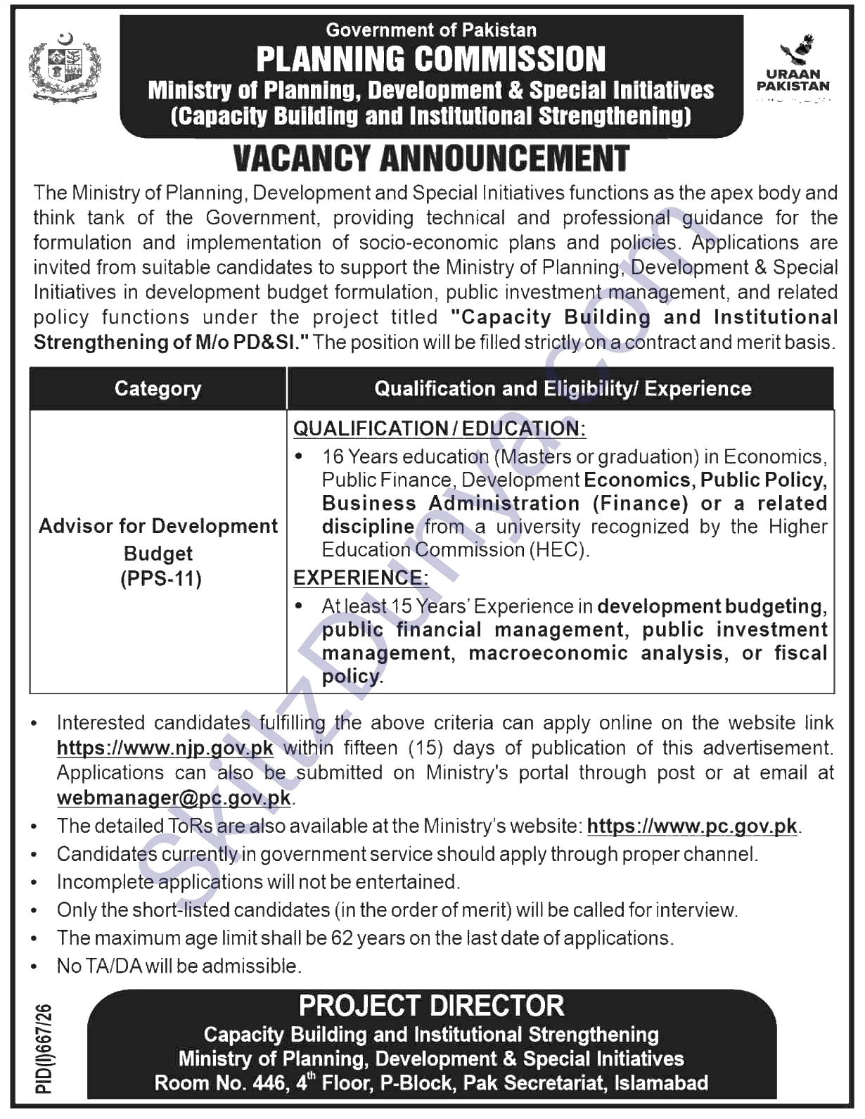 Planning and Development Department Islamabad Jobs 2026 — Advisor Development Budget (PPS-11) — Official Newspaper Advertisement | SkillzDunya