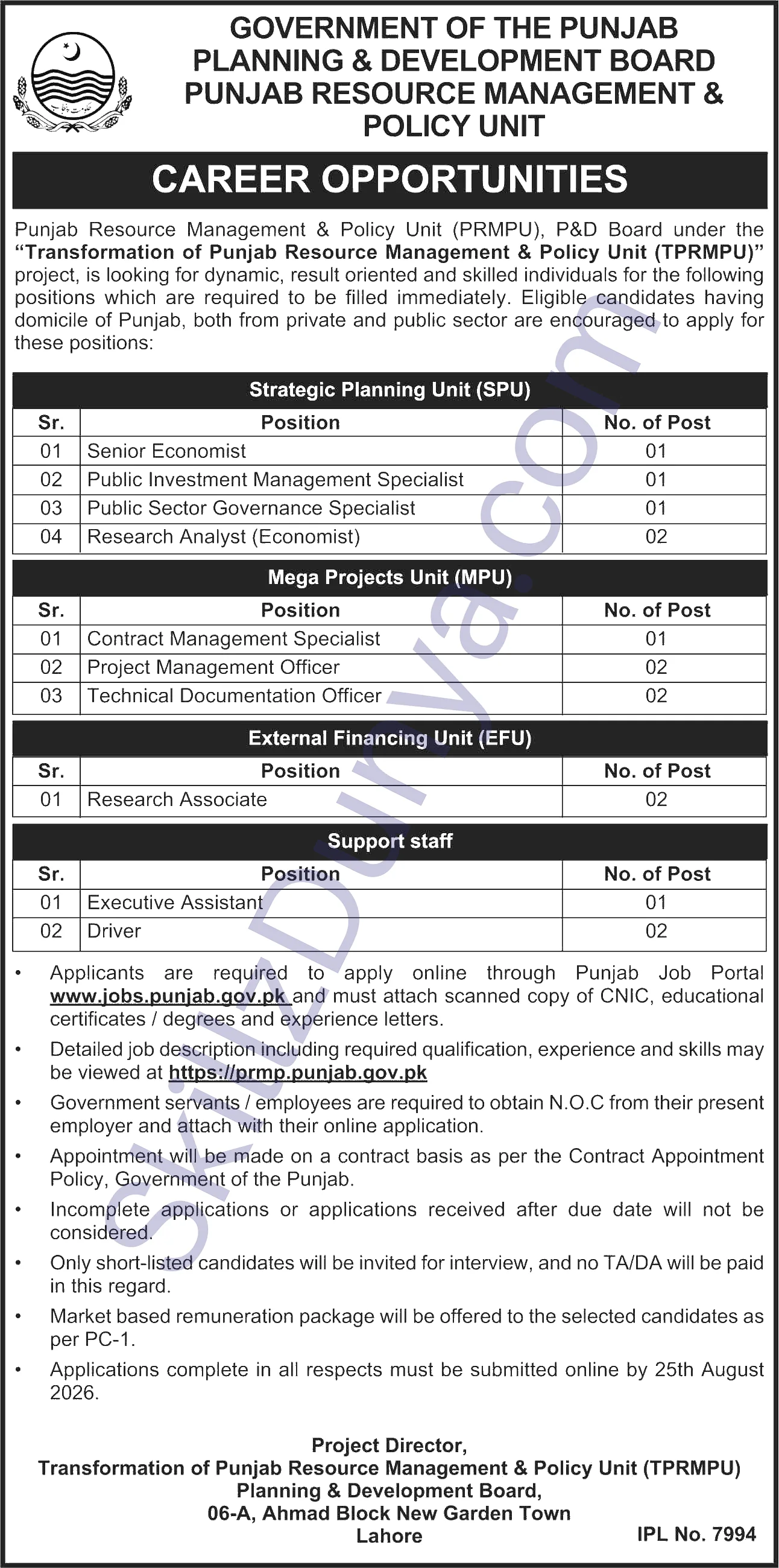 Planning and Development Department Jobs 2026 — Punjab Resource Management, Policy Unit (PRMPU) — Official Newspaper Advertisement | SkillzDunya