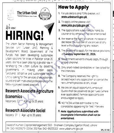 Planning and Development Department Lahore Jobs 2026 — Research Associate Agriculture Economics, Research Associate Social — Official Newspaper Advertisement | SkillzDunya