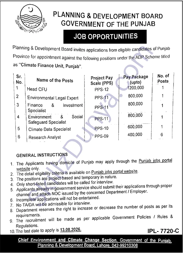 Planning and Development Department Lahore Jobs 2026 — Research Analyst, Head CFU & 3 More Posts — Official Newspaper Advertisement | SkillzDunya