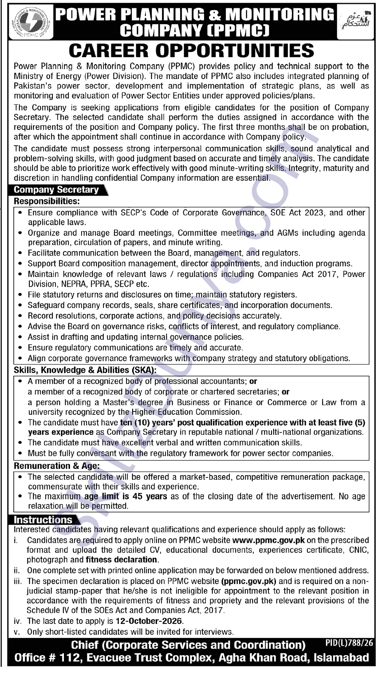 Power Planning Monitoring Company Ppmc — Power Planning & Monitoring Company (PPMC) Islamabad Jobs 2026 — Company Secretary Pakistan