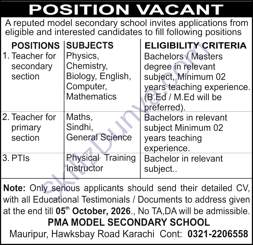 Pma Model Secondary School Karachi — PMA Model Secondary School Karachi Jobs 2026 — Teacher secondary section, Teacher primary section, PTIs Pakistan