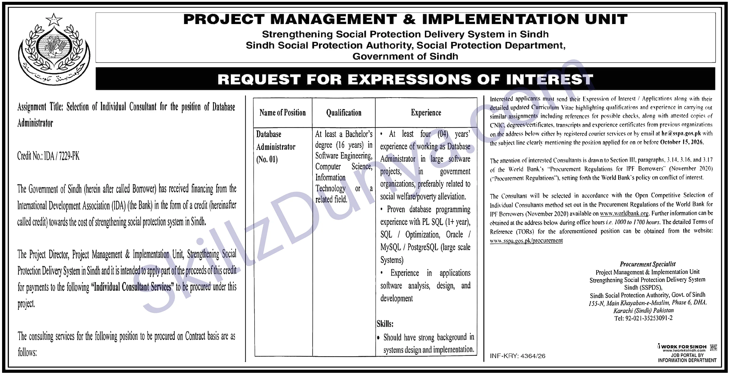 Pmiu Sindh Social Protection Authority — PMIU Karachi Jobs 2026 — Database Administrator Pakistan