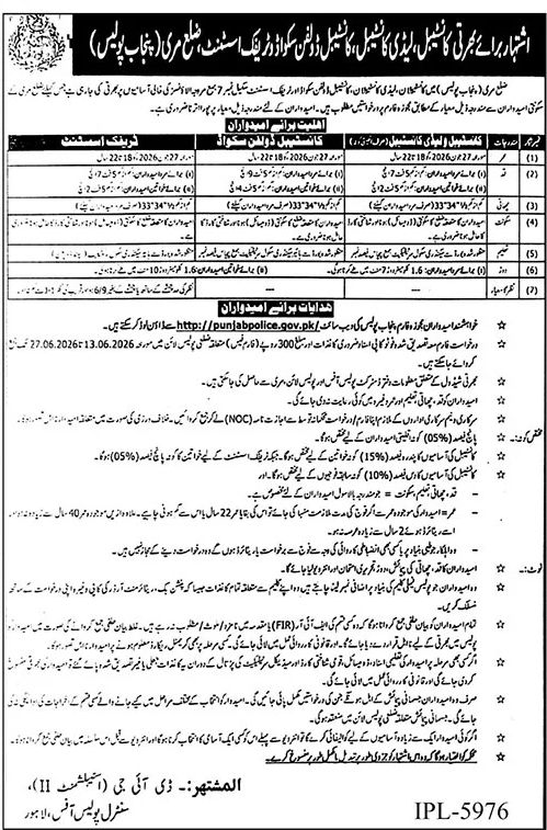 Police Department Jobs 2026 — Constable, Lady Constable, Traffic Assistant 2026 — Official Newspaper Advertisement | SkillzDunya
