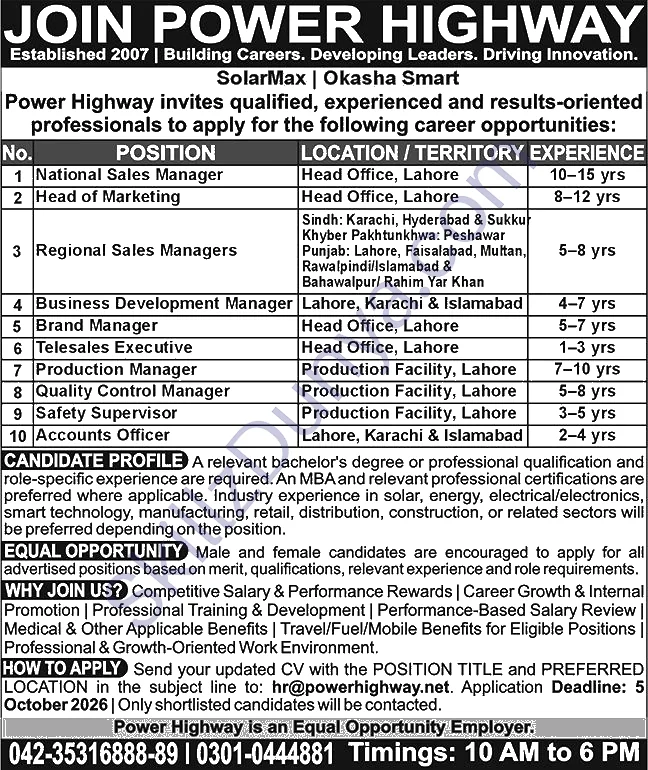Power Highway Lahore Jobs 2026 — National Sales Manager, Head Marketing & 8 More Posts — Official Newspaper Advertisement | SkillzDunya