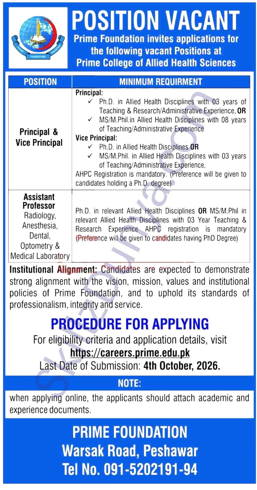 Prime College Of Allied Health Sciences Peshawar — Prime College of Allied Health Sciences Peshawar Jobs 2026 — Principal, Vice Principal, Assistant Professor Pakistan