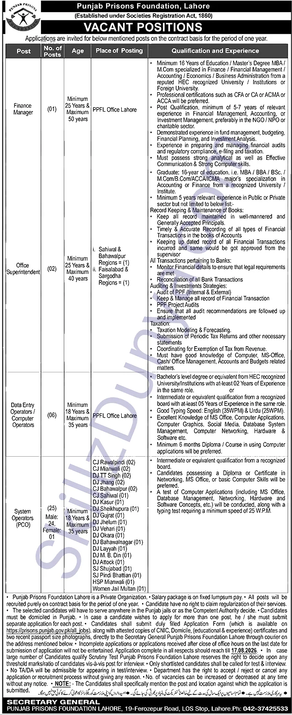 Prisons Department — Prisons Department Jobs 2026 — System Operators, Data Entry Operators, Computer Operators Pakistan