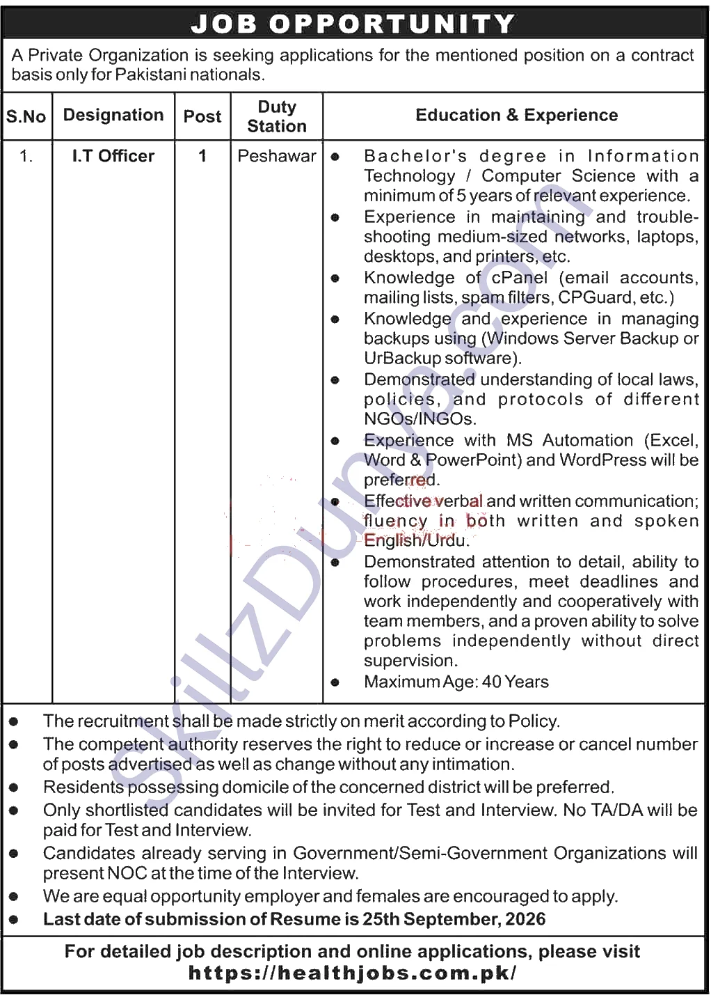 Private Company Peshawar Jobs 2026 — I.T Officer — Official Newspaper Advertisement | SkillzDunya