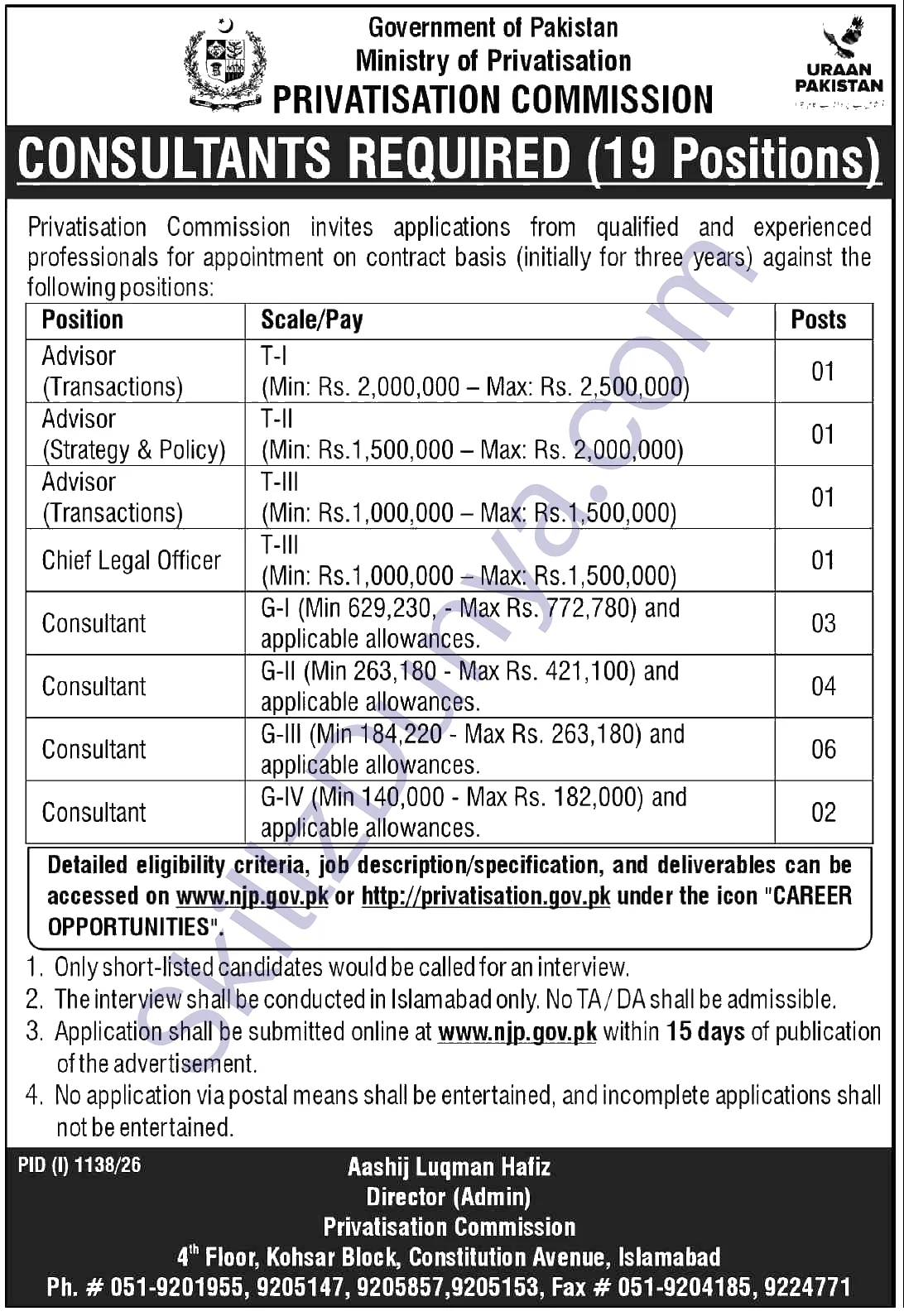 Privatisation Commission — Privatisation Commission Jobs 2026 — Consultants Ministry Privatisation Pakistan