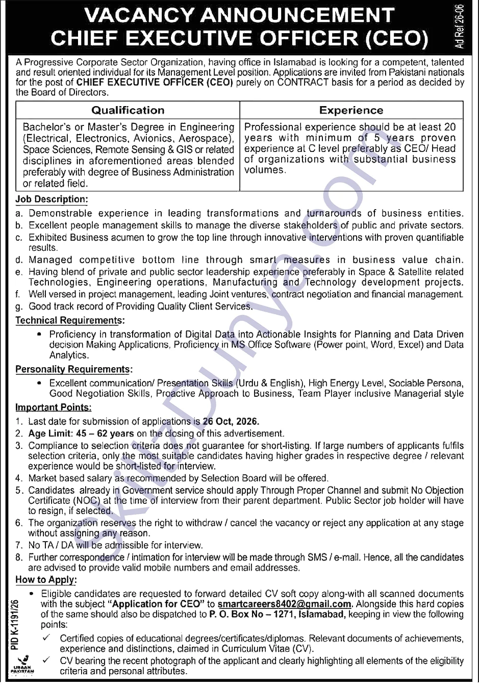 Progressive Corporate Sector Organization — Progressive Corporate Sector Organization Islamabad Jobs 2026 — Chief Executive Officer (CEO) Pakistan