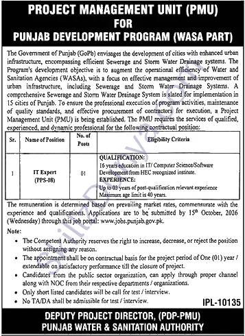 Project Management Unit Pmu Punjab Development Program Wasa Part — Project Management Unit PMU Punjab Jobs 2026 — IT Expert Pakistan