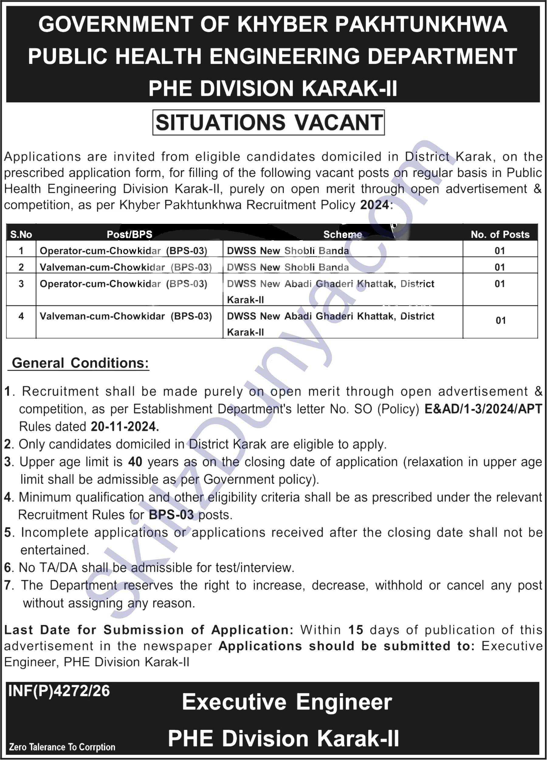 Public Health Engineering Department (PHED) Swat Jobs 2026 — Operator-cum-Chowkidar, Valveman-cum-Chowkidar — Official Newspaper Advertisement | SkillzDunya