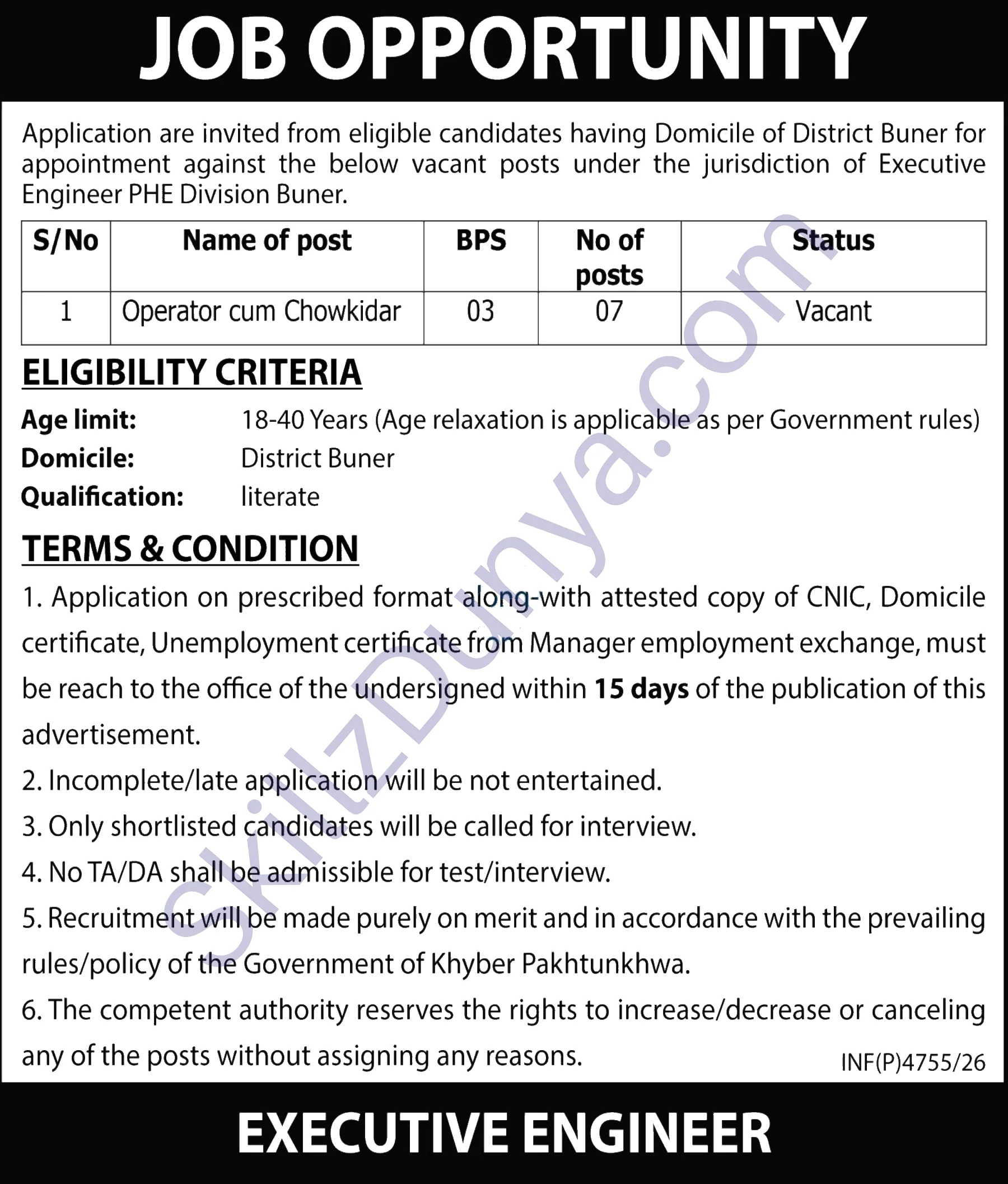Public Health Engineering Division Buner — Public Health Engineering Division Buner Jobs 2026 — Operator cum Chowkidar Pakistan
