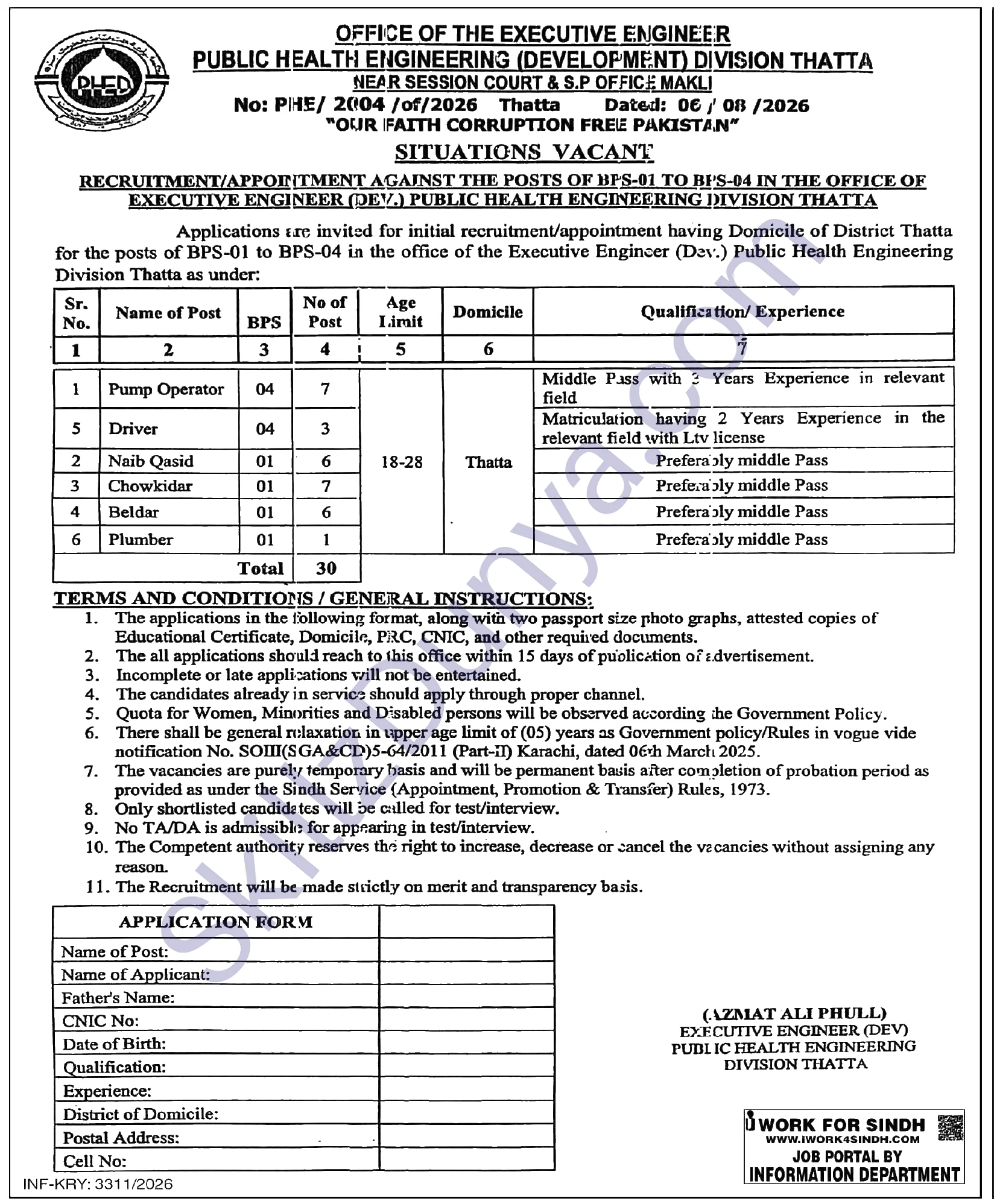 Public Health Engineering Division Thatta Jobs 2026 — Naib Qasid, Chowkidar & 4 More Posts — Official Newspaper Advertisement | SkillzDunya