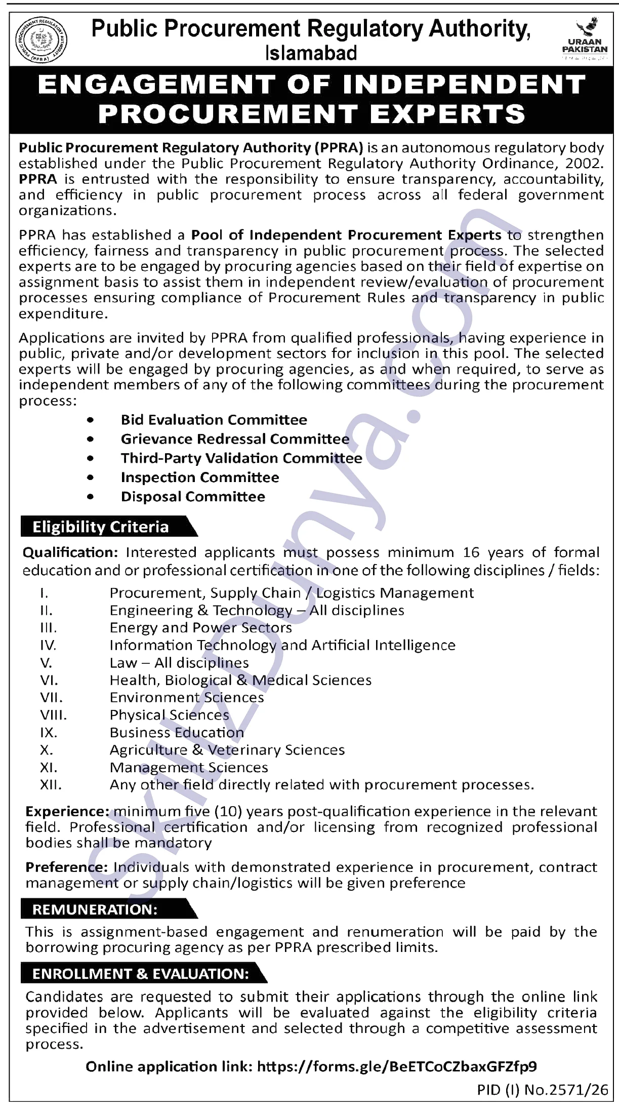 Public Procurement Regulatory Authority Ppra Islamabad — PPRA Jobs 2026 — Engagement of Independent Procurement Experts, Islamabad Pakistan