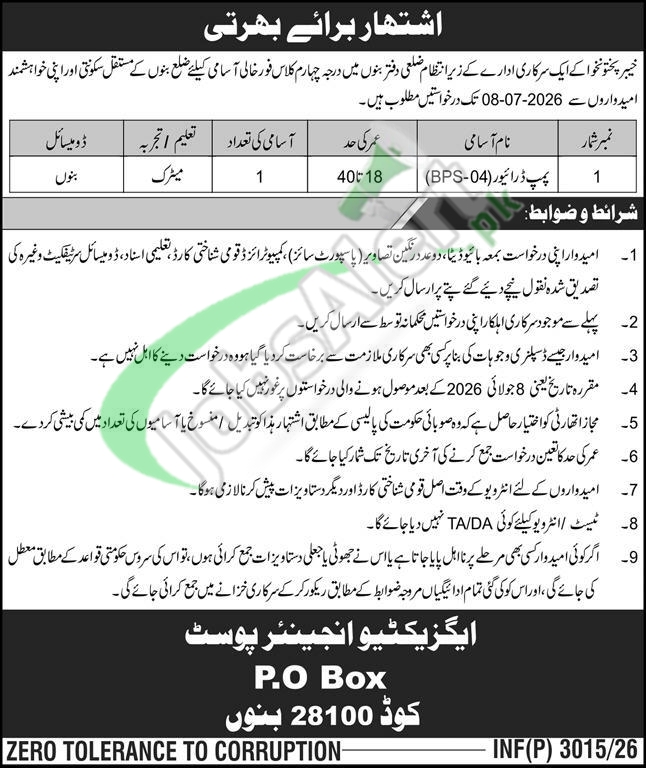 Public Sector Organization Bannu Jobs 2026 — Official Newspaper Advertisement | SkillzDunya