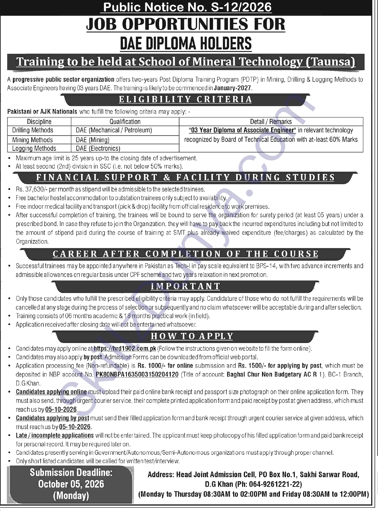 School Of Mineral Technology — School of Mineral Technology Dera Ghazi Khan Jobs 2026 — Drilling Methods, Mining Methods, Logging Methods Pakistan