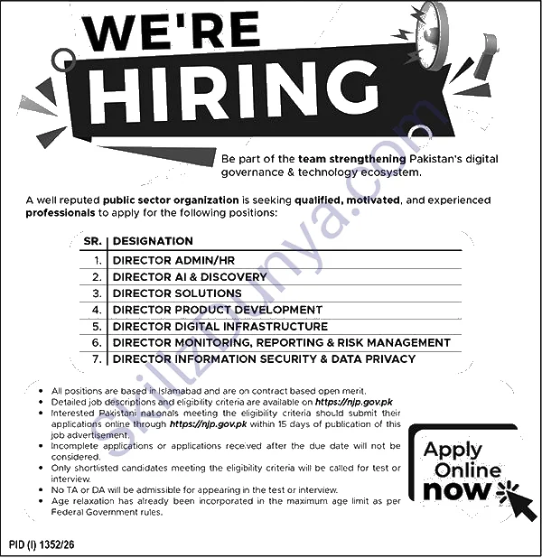 Public Sector Organization Islamabad Jobs 2026 — DIRECTOR ADMIN/HR, DIRECTOR AI & DISCOVERY & 3 More Posts — Official Newspaper Advertisement | SkillzDunya