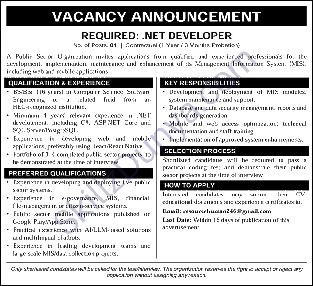 Public Sector Organization — Public Sector Organization Jobs 2026 — NET Developer Pakistan