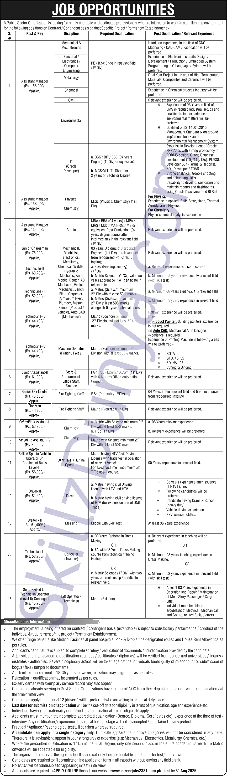 Public Sector Organization Karachi Jobs 2026 — Assistant Manager (Rs. 158,000/- Approx), Assistant Manager (Rs. 154,000/- Approx) & 9 More Posts — Official Newspaper Advertisement | SkillzDunya