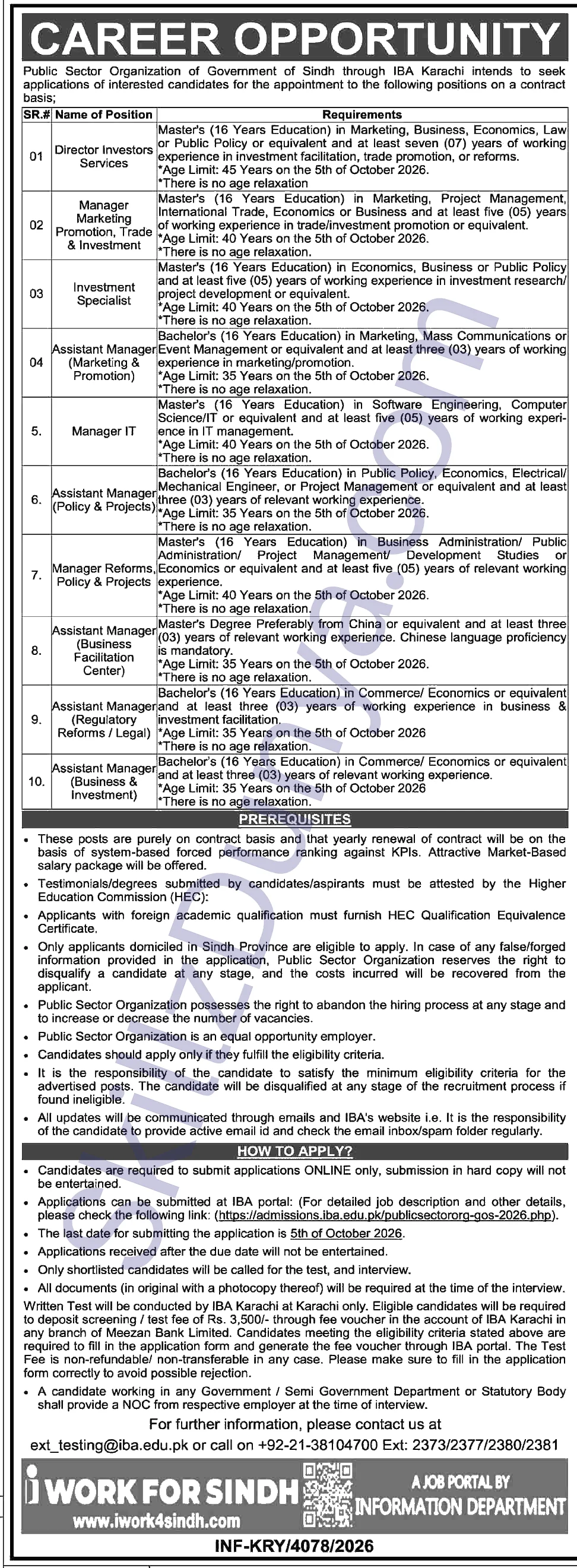 Public Sector Organization Of Government Of Sindh — Public Sector Organization Karachi Jobs 2026 — Director Investors Services, Investment Specialist & 3 More Posts Pakistan