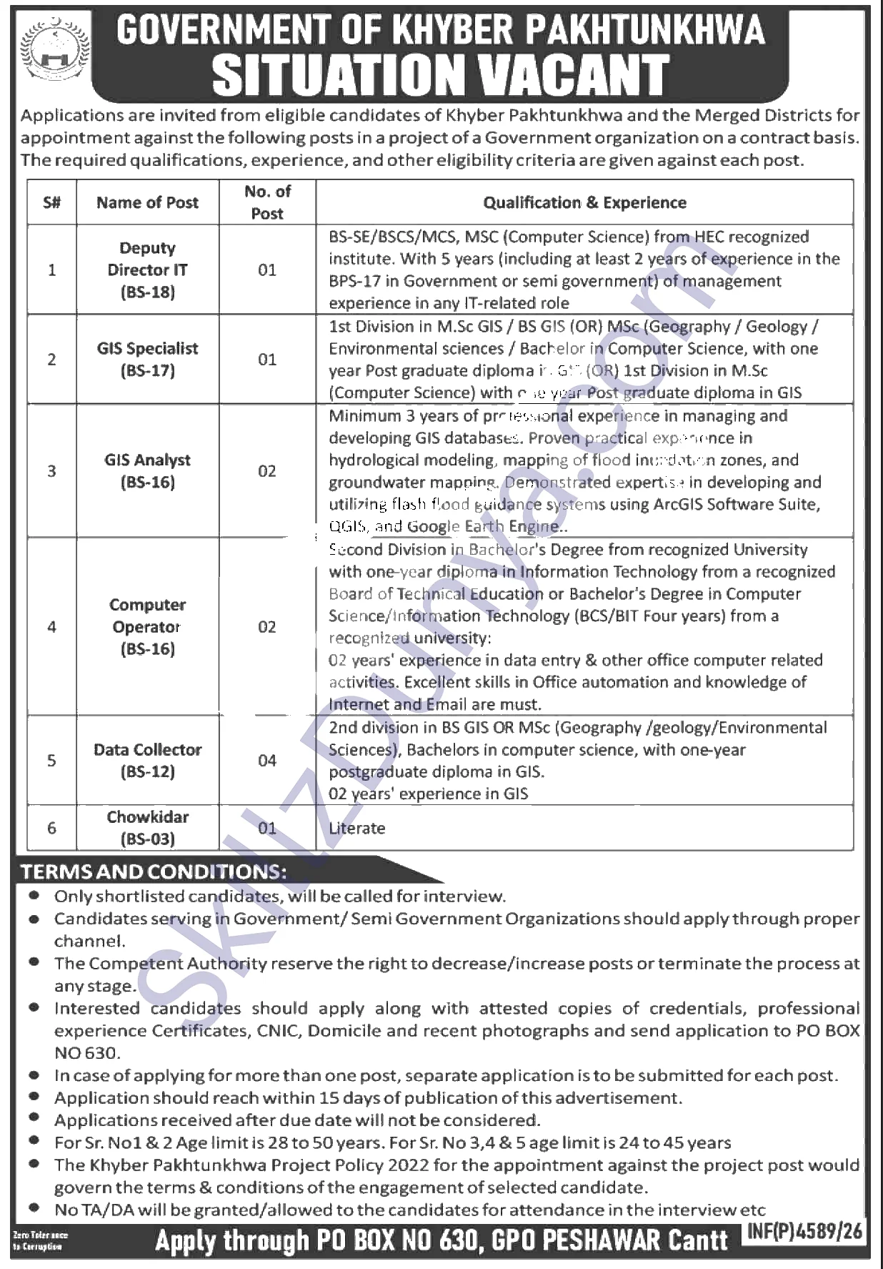 Public Sector Organization Peshawar Jobs 2026 — Data Collector (BS-12), GIS Analyst (BS-16) & 4 More Posts — Official Newspaper Advertisement | SkillzDunya