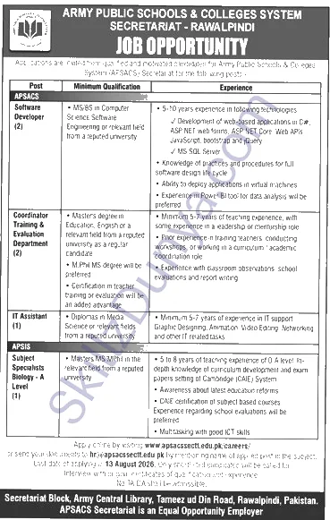 Public Sector Organization Rawalpindi Jobs 2026 — Software Developer, IT Assistant, Subject Specialist Biology - Level — Official Newspaper Advertisement | SkillzDunya