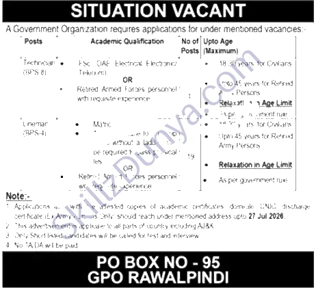 Public Sector Organization Rawalpindi Jobs 2026 — Lineman, Technician — Official Newspaper Advertisement | SkillzDunya