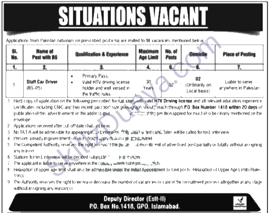 Public Sector PO Box 1418 Islamabad Jobs 2026 — Car Driver — Official Newspaper Advertisement | SkillzDunya
