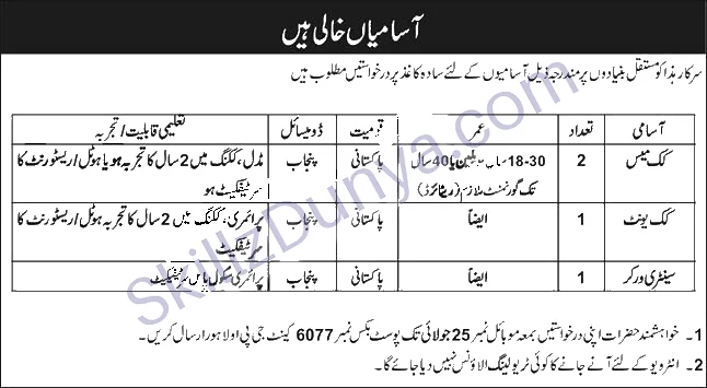 Public Sector Organization Lahore Jobs 2026 — Cook, Waiter, Sanitary Worker — Official Newspaper Advertisement | SkillzDunya