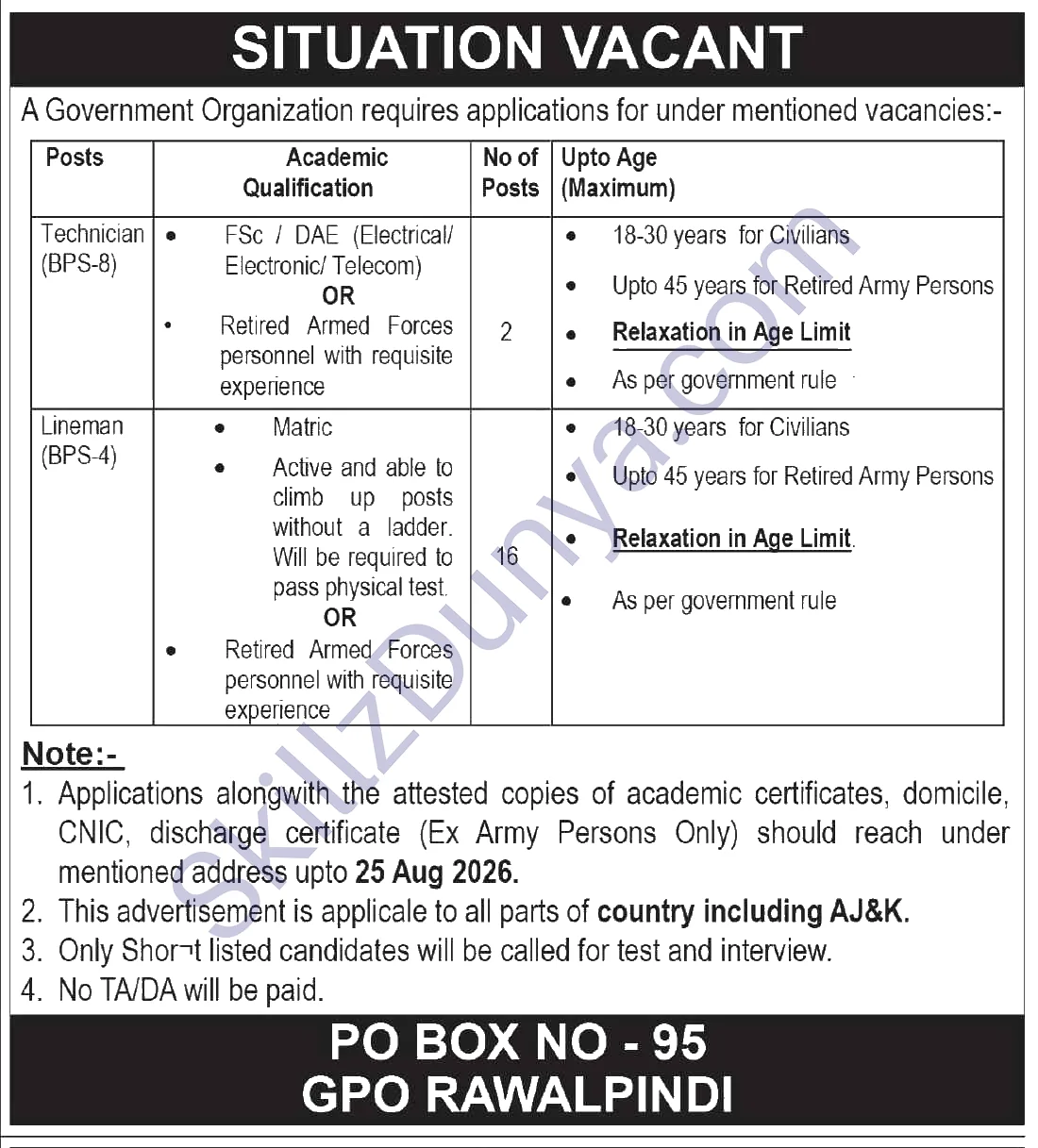 Government Organization Po Box 95 Rawalpindi — Public Sector PO Box 95 Organization Jobs 2026 — 18+ Lineman, Technician Organization Pakistan