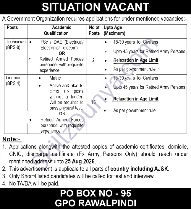 Government Organization Po Box 95 Rawalpindi — Public Sector PO Box 95 Rawalpindi Jobs 2026 — Lineman, Technician Pakistan