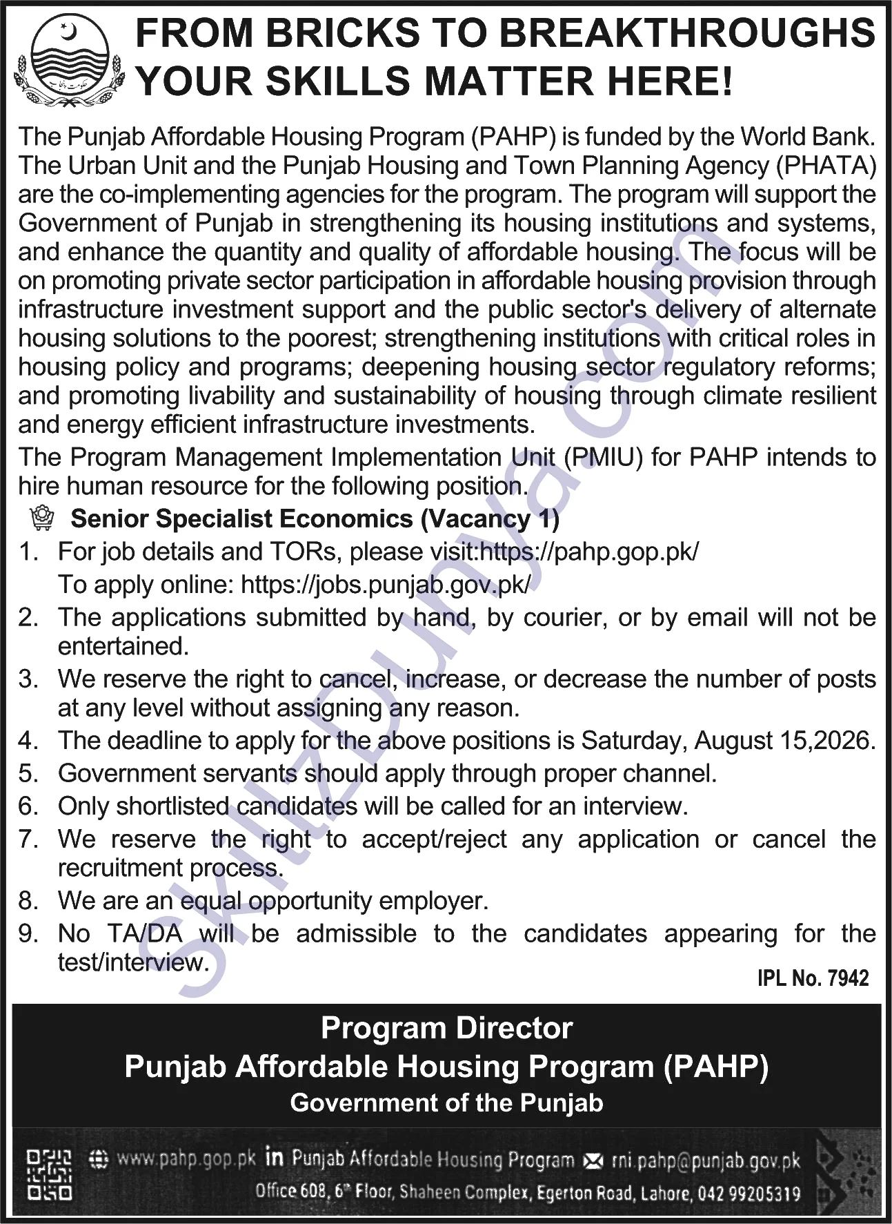 Punjab Affordable Housing Program Lahore Jobs 2026 — Senior Specialist Economics (Vacancy 1) — Official Newspaper Advertisement | SkillzDunya