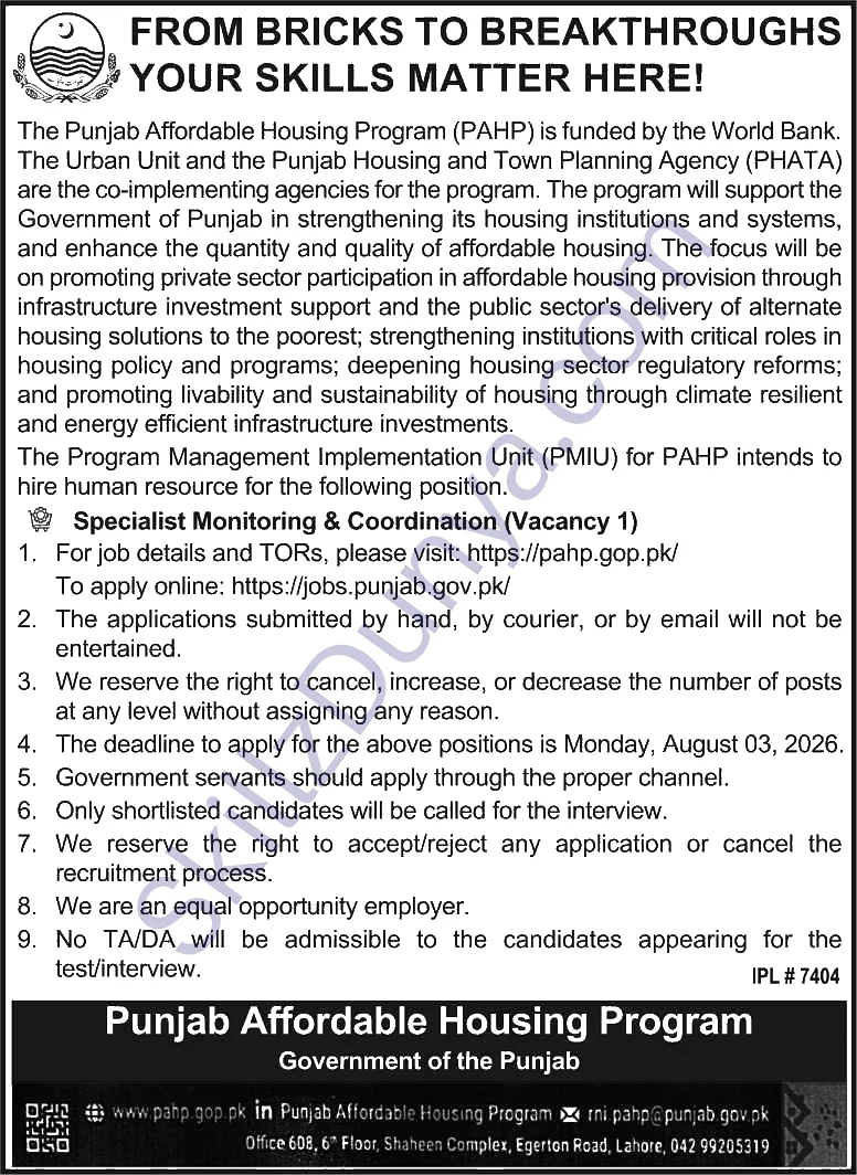 Punjab Affordable Housing Program — Punjab Affordable Housing Program Lahore Jobs 2026 Pakistan