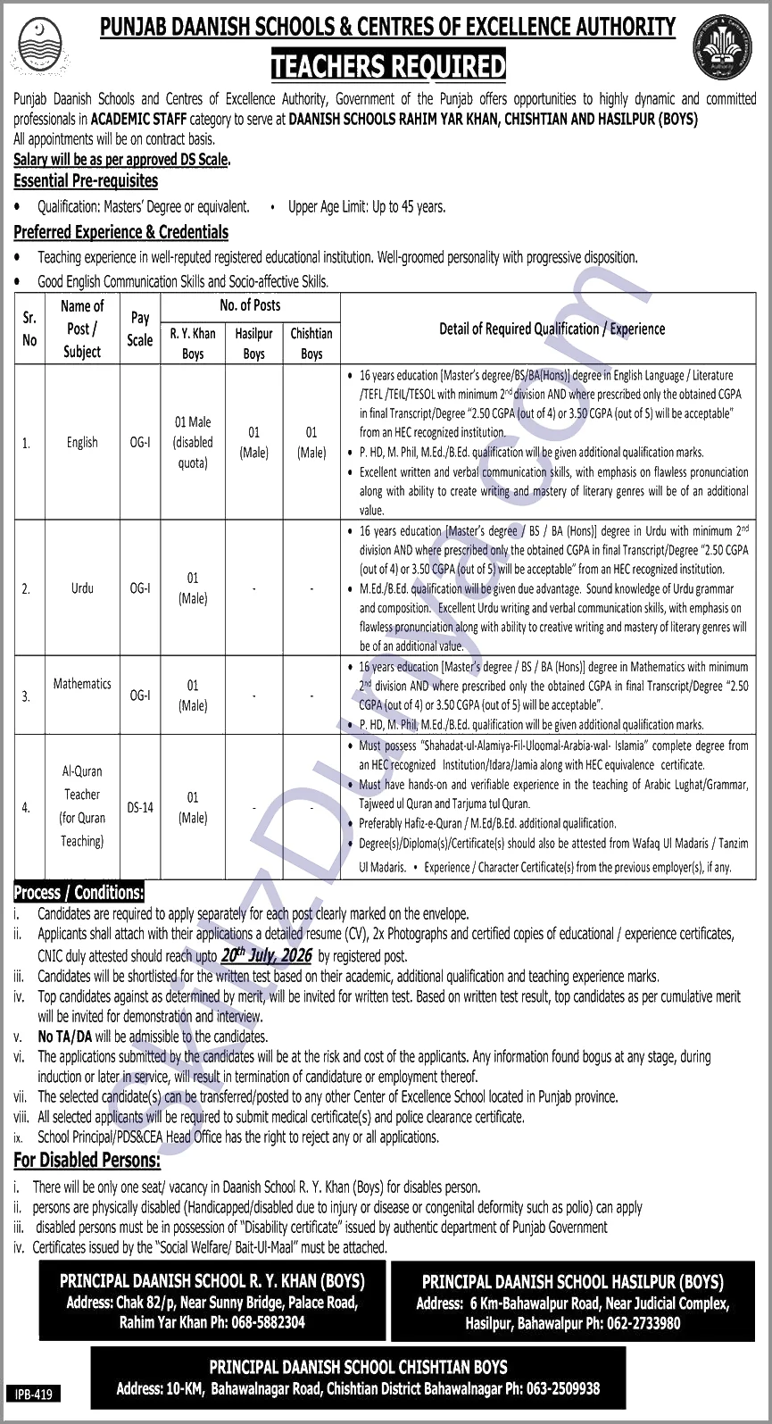 Punjab Daanish School Jobs 2026 — Teaching — Official Newspaper Advertisement | SkillzDunya