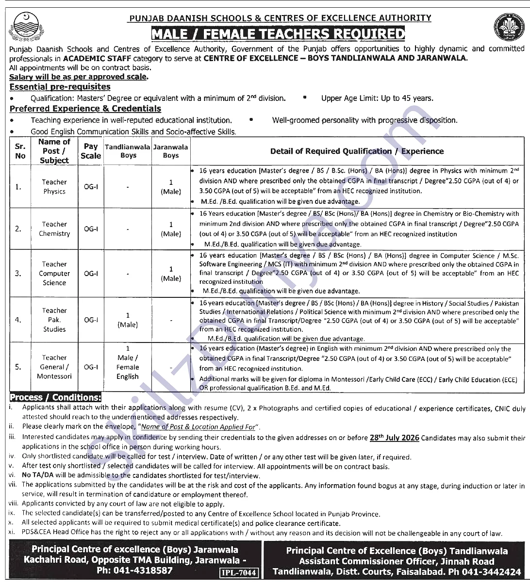 Punjab Daanish School Jobs 2026 — Male, Female Teachers — Official Newspaper Advertisement | SkillzDunya