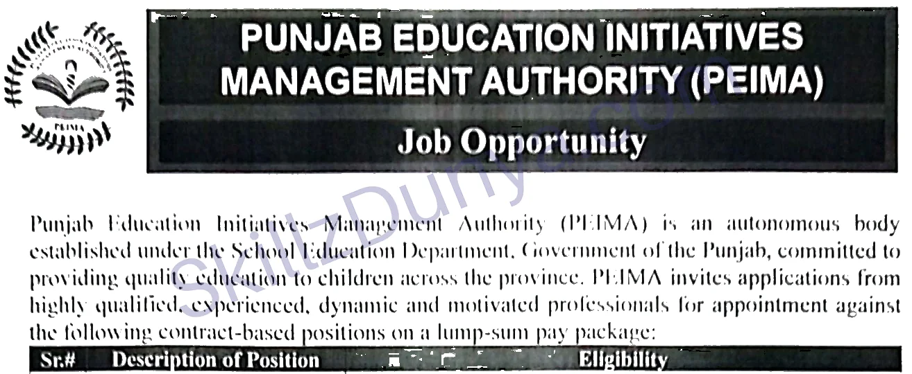 Punjab Education Initiatives Management Authority — Punjab Education Initiatives Management Authority Lahore Jobs 2026 — Assistant, Assistant Director (Program) & 14 More Posts Pakistan