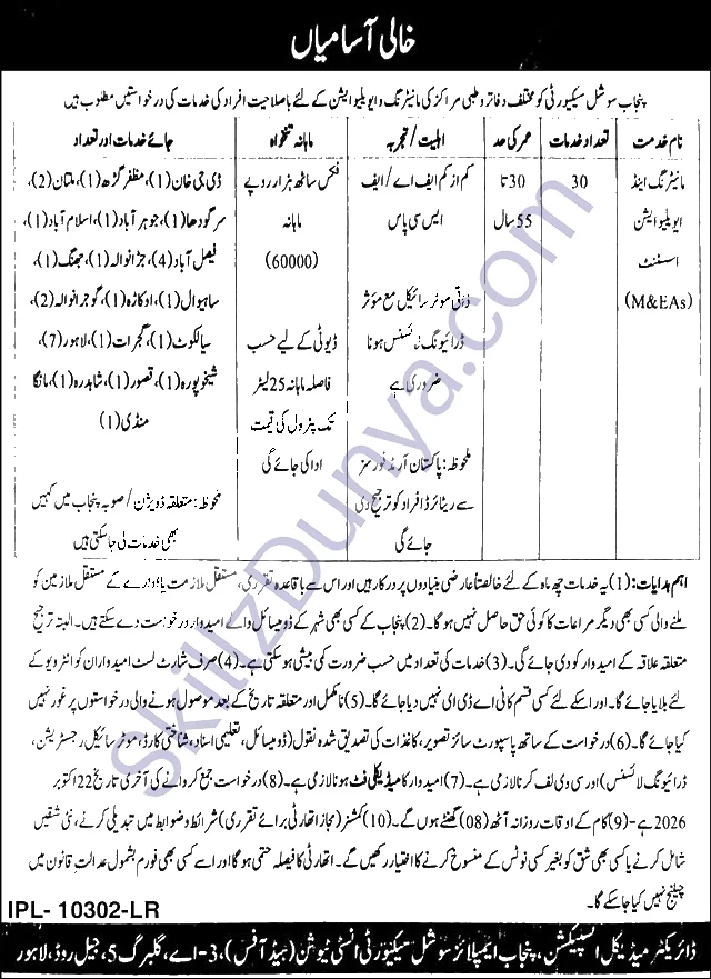 Punjab Employees Social Security Institution — Punjab Employees Social Security Institution Lahore Jobs 2026 — Monitoring Evaluation Assistant (M&EAs) Pakistan