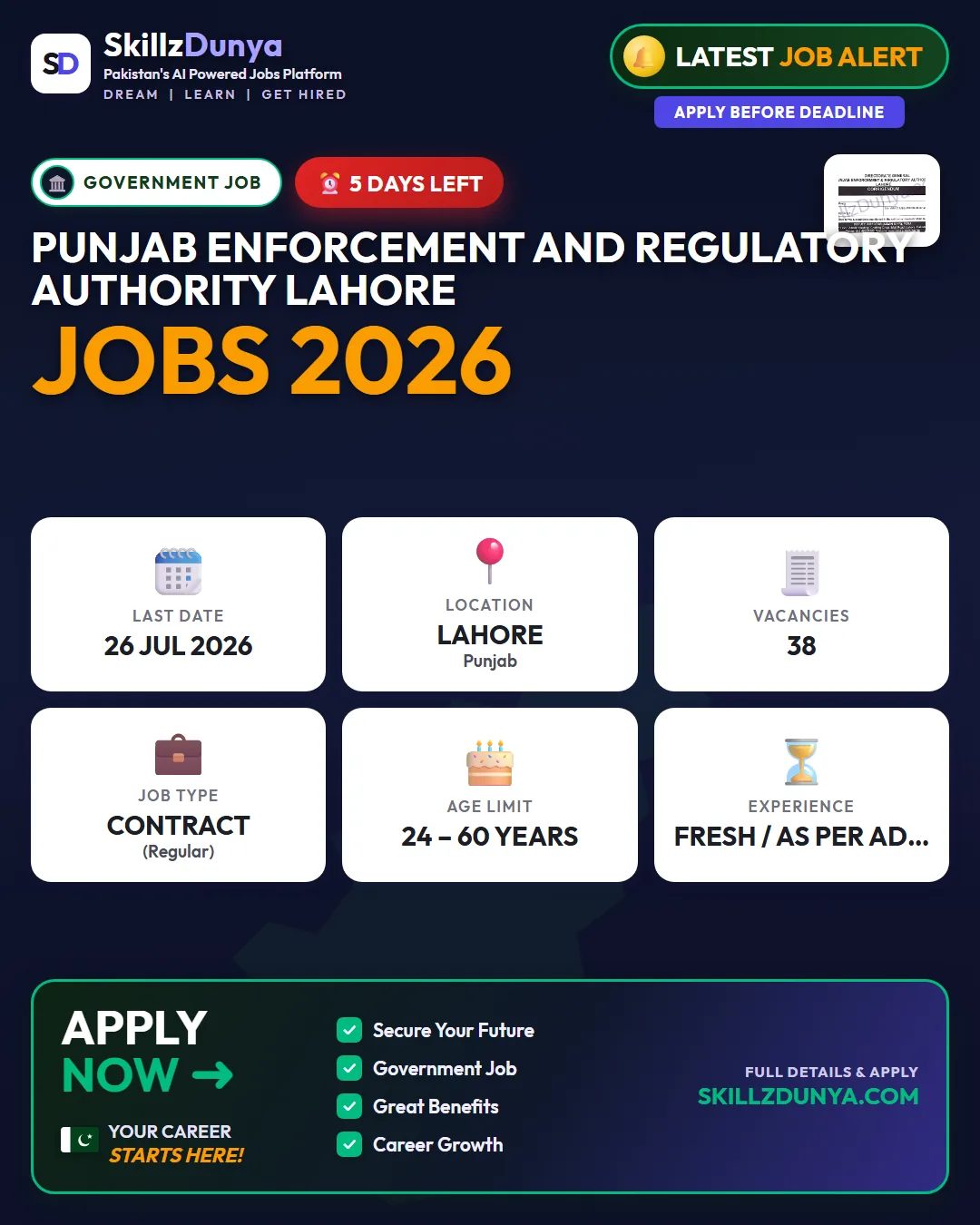 Punjab Enforcement and Regulatory Authority Lahore Jobs 2026 — Assistant Manager (Internal Affairs, Deputy Manager (Internal Affairs, Assistant Manager IT & LMS — Official Newspaper Advertisement | SkillzDunya