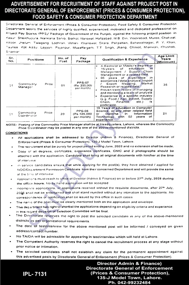 Punjab Food Authority Jobs 2026 — Price Coordinators, Manager — Official Newspaper Advertisement | SkillzDunya