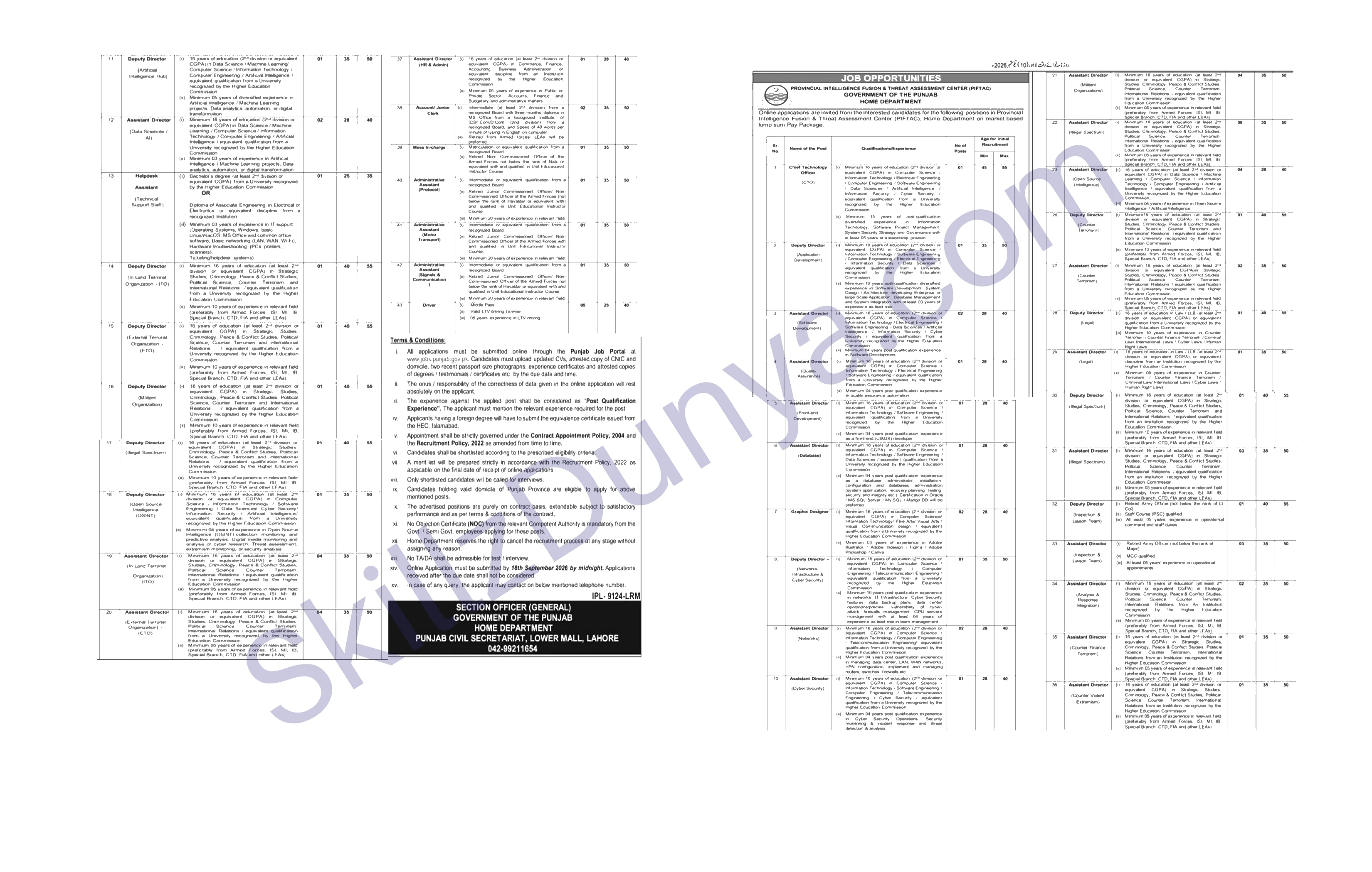 Punjab Govt Lahore Jobs 2026 — Assistant Director (Illegal Spectrum), Driver & 19 More Posts — Official Newspaper Advertisement | SkillzDunya