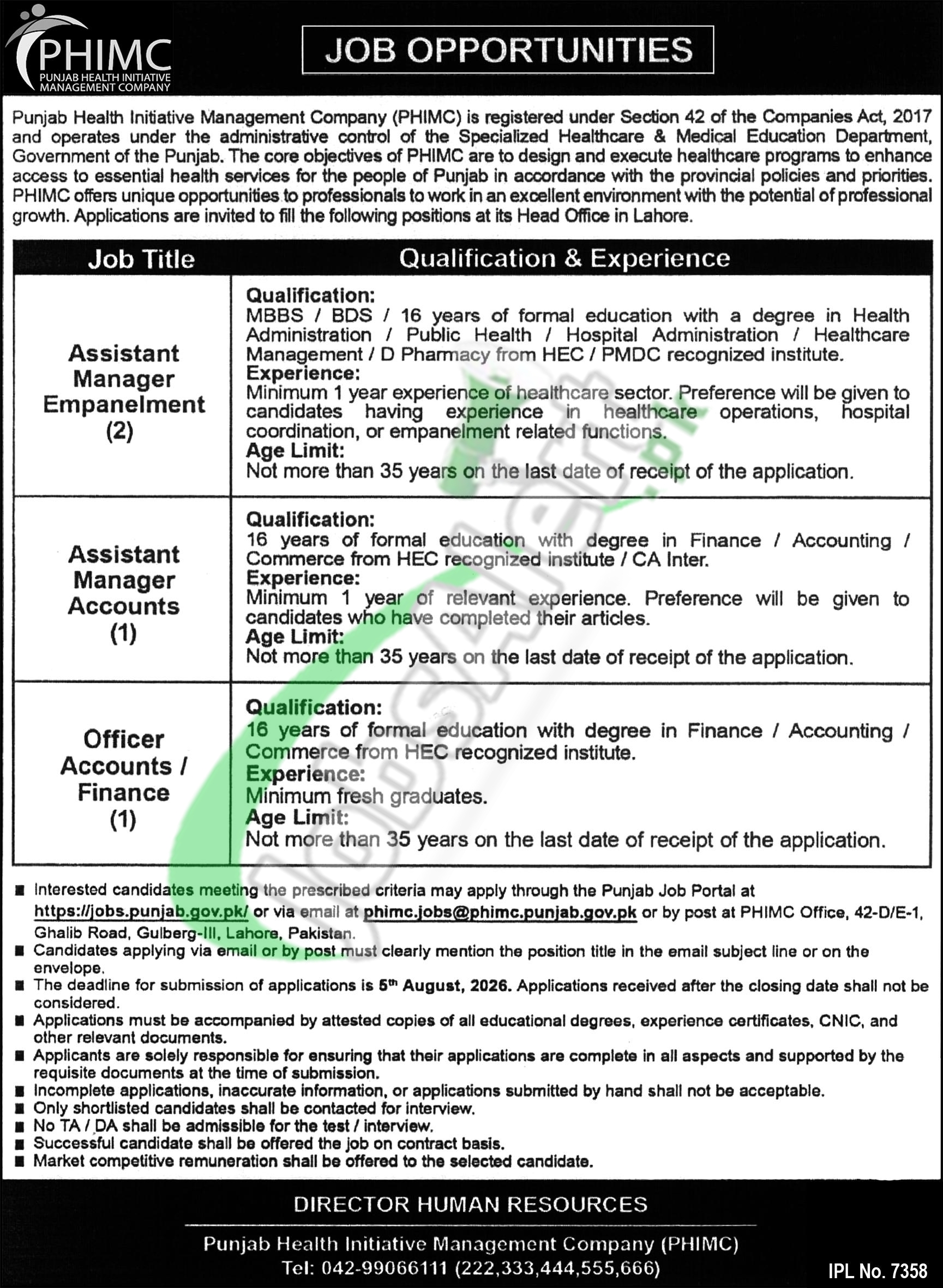 PHIMC — Punjab Health Initiative Management Company (PHIMC) Lahore Jobs 2026 — Assistant Manager Empanelment, Assistant Manager Accounts, Officer Accounts / Finance Pakistan