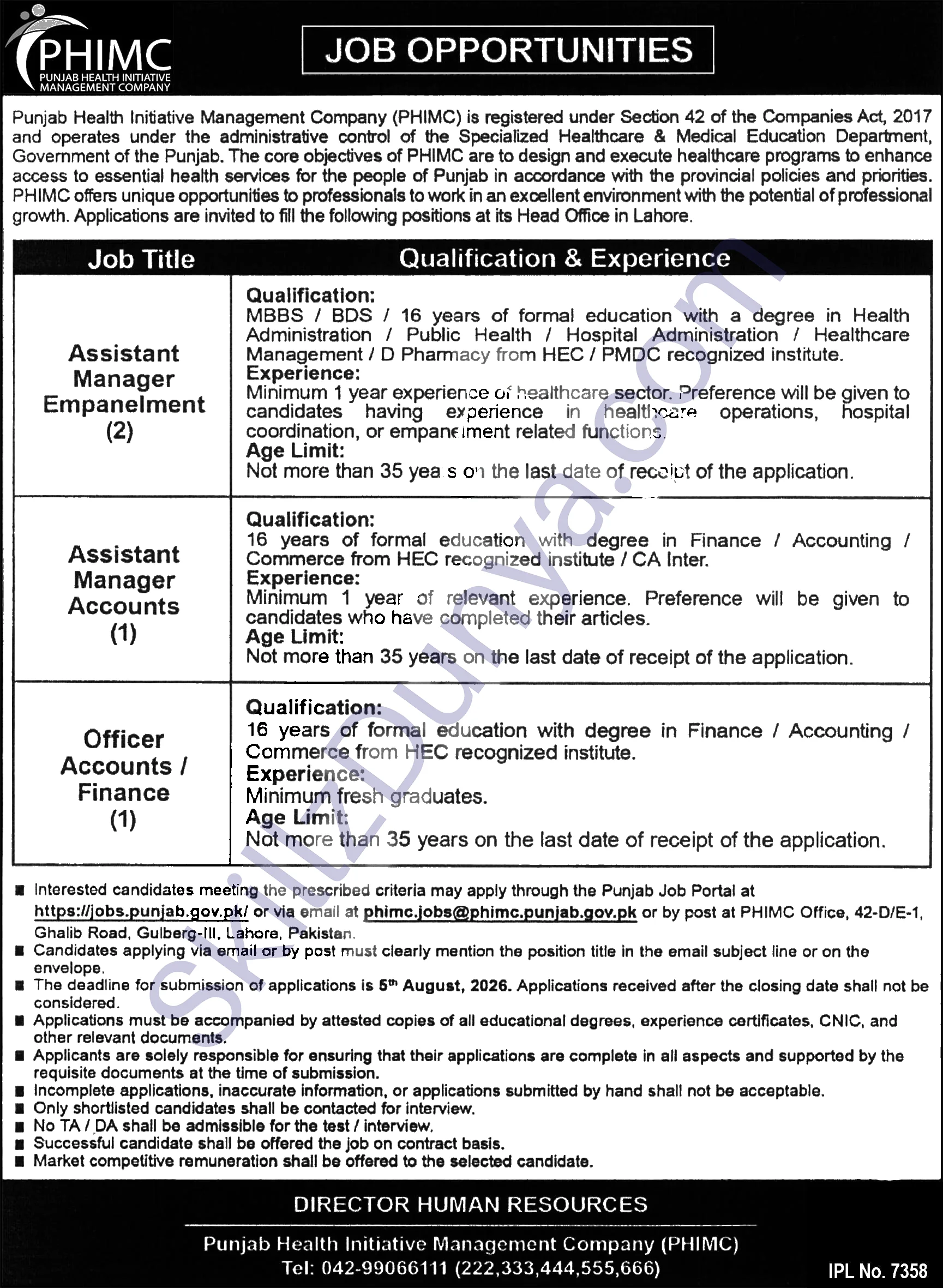 Punjab Health Initiative Management Company (PHIMC) Lahore Jobs 2026 — Assistant Manager Empanelment, Assistant Manager Accounts, Officer Accounts / Finance — Official Newspaper Advertisement | SkillzDunya