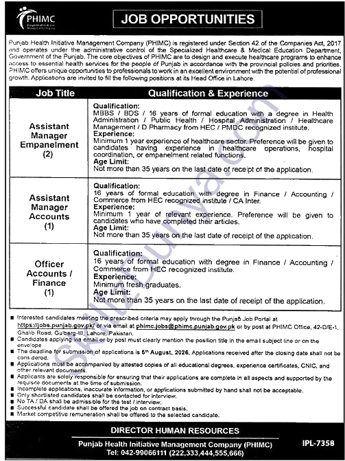 Punjab Health Initiative Management Company (PHIMC) Lahore Jobs 2026 — Assistant Manager Empanelment, Assistant Manager Accounts, Officer Accounts / Finance — Official Newspaper Advertisement | SkillzDunya