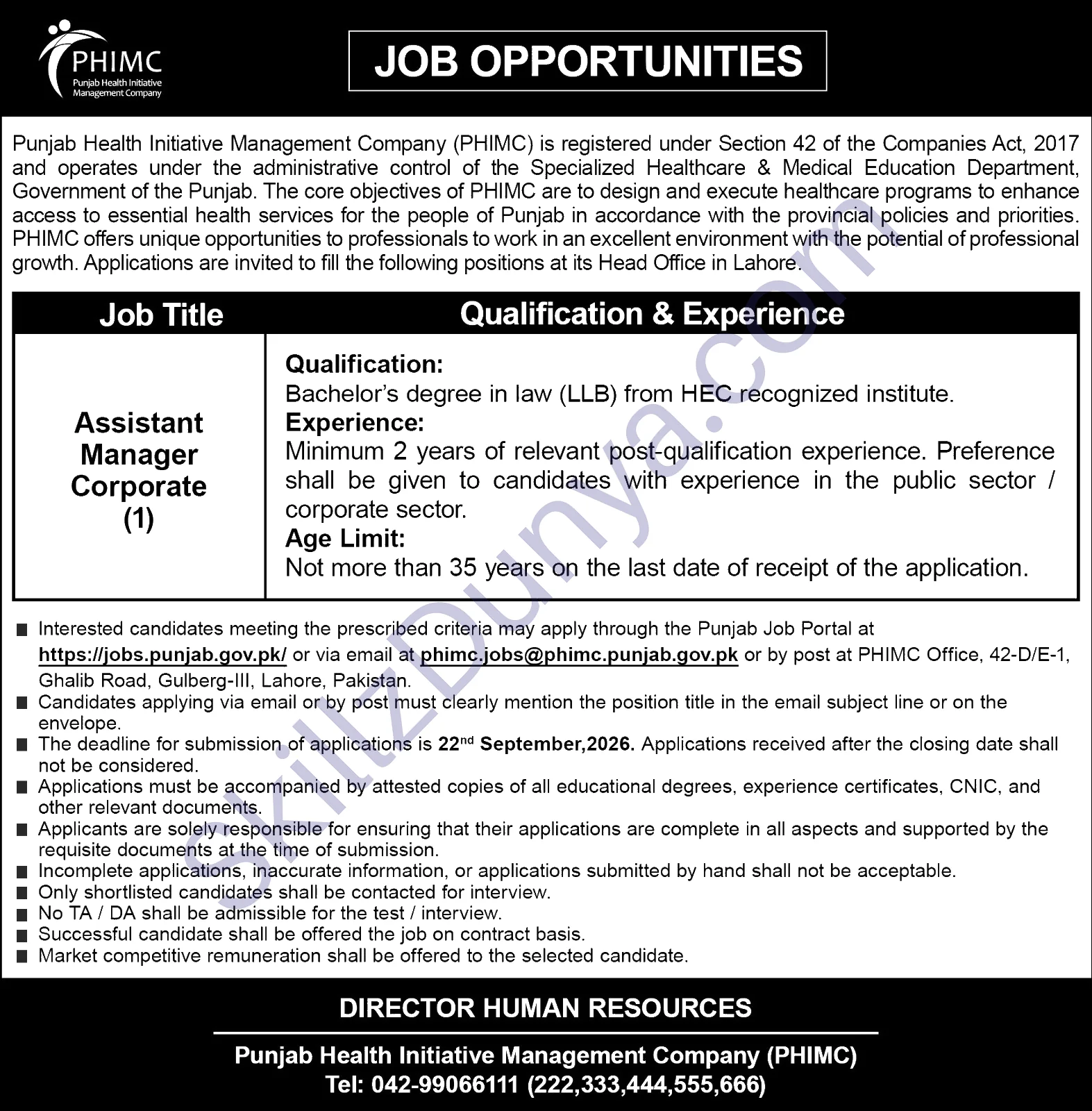 Punjab Health Initiative Management Company (PHIMC) Lahore Jobs 2026 — Assistant Manager Corporate — Official Newspaper Advertisement | SkillzDunya