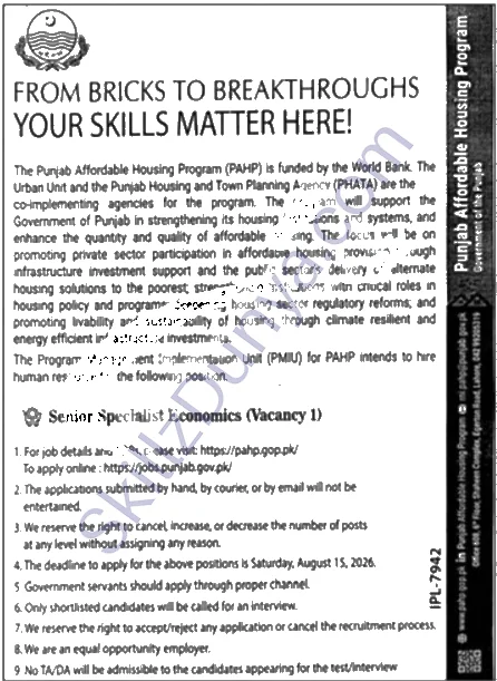 PHATA — Punjab Housing and Town Planning Agency (PHATA) Lahore Jobs 2026 — Senior Specialist Economics (Vacancy 1) Pakistan