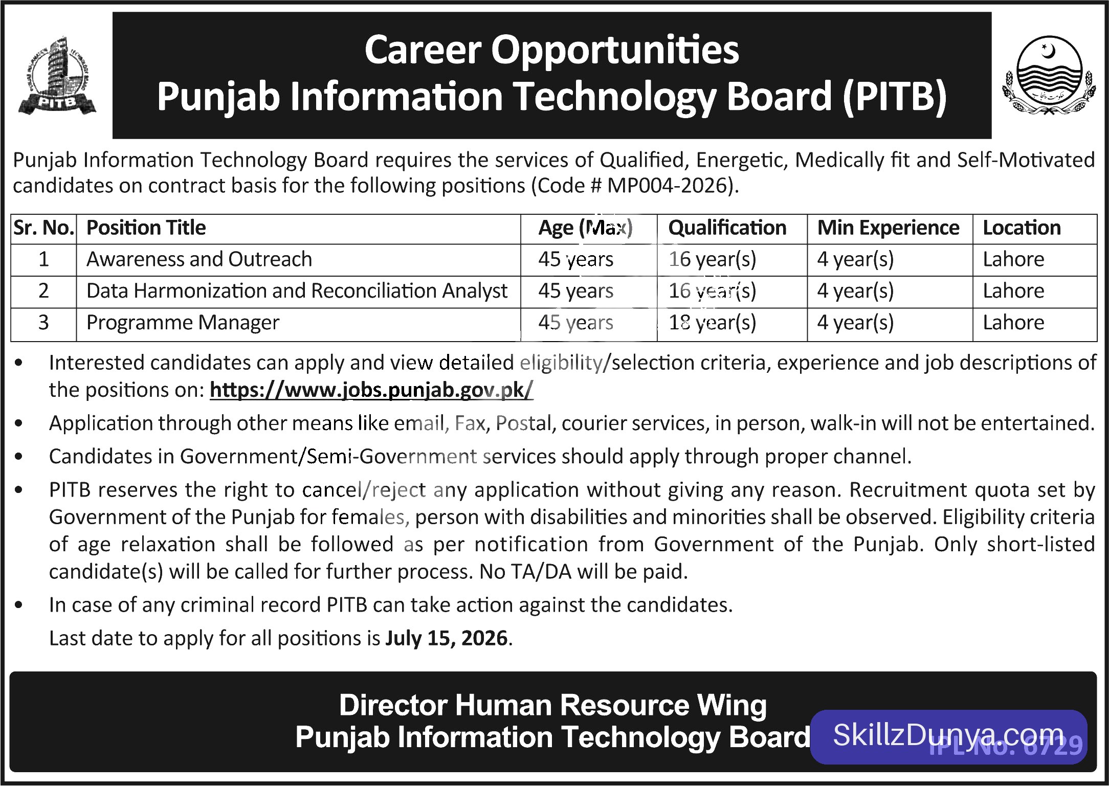 Punjab Information Jobs 2026 2026 — Official Newspaper Advertisement | SkillzDunya