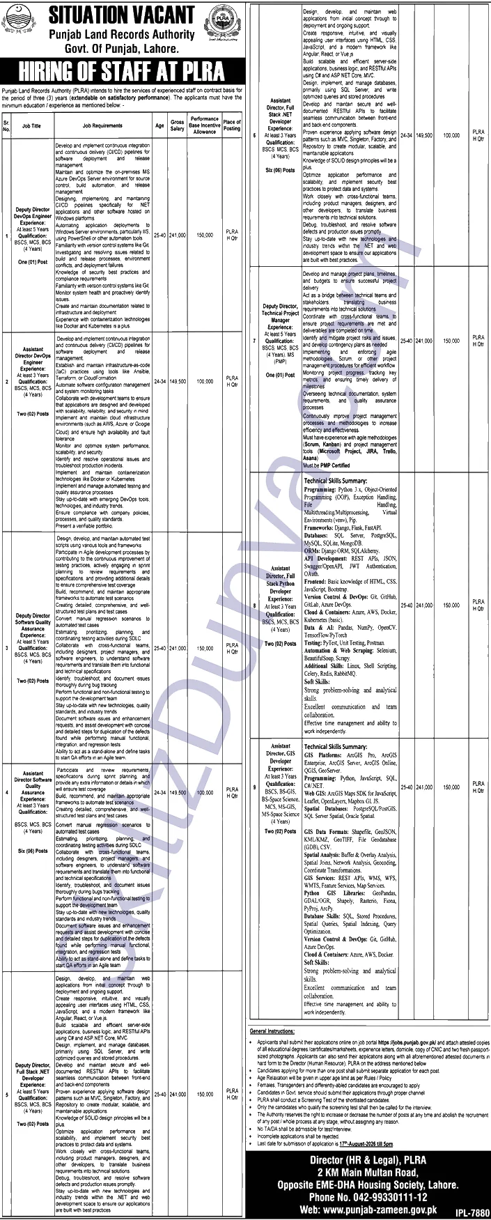 Punjab Land Records Authority Jobs 2026 — Assistant Directors — Official Newspaper Advertisement | SkillzDunya