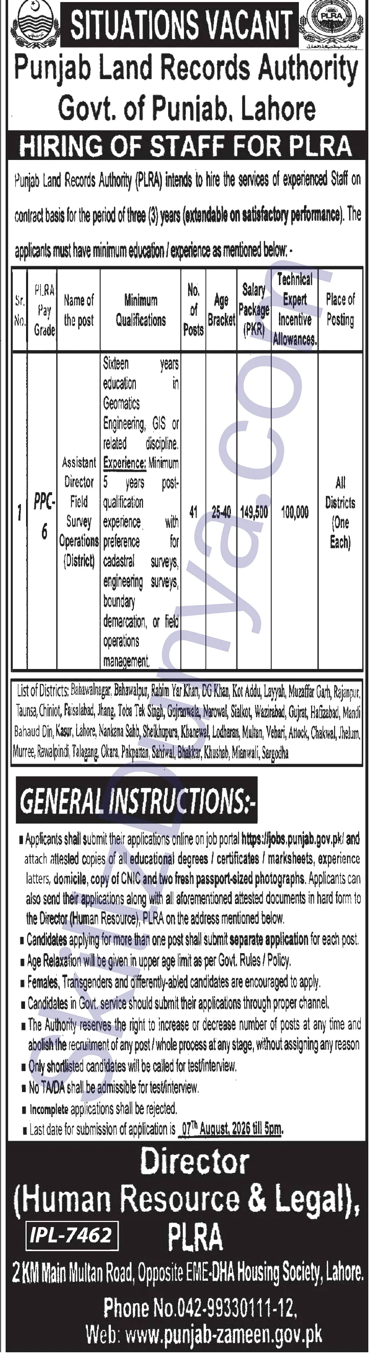 Punjab Land Records Authority — Punjab Land Records Authority Jobs 2026 — Assistant Directors Pakistan