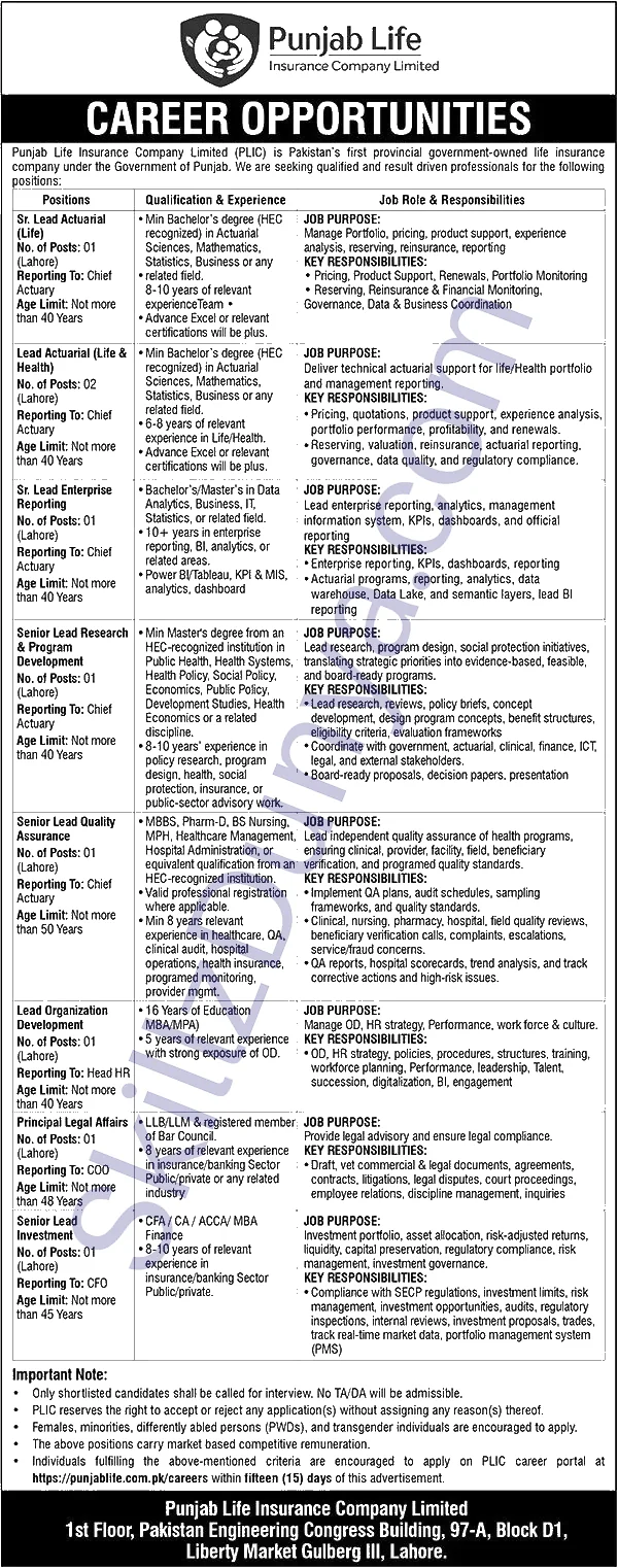 Punjab Life Insurance Company Limited Plic — Punjab Life Insurance Company Limited Lahore Jobs 2026 — Lead Actuarial (Life & Health), Sr. Lead Actuarial (Life) & 5 More Posts Pakistan
